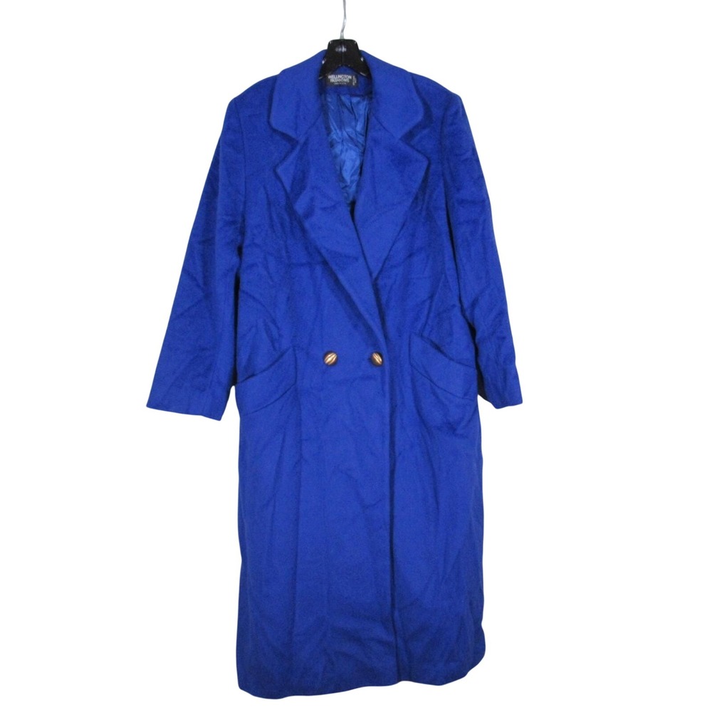 Vtg WELLINGTON Fashions Lined Wool Blue DOUBLE BREASTED Coat Trench Jacket Sz L
